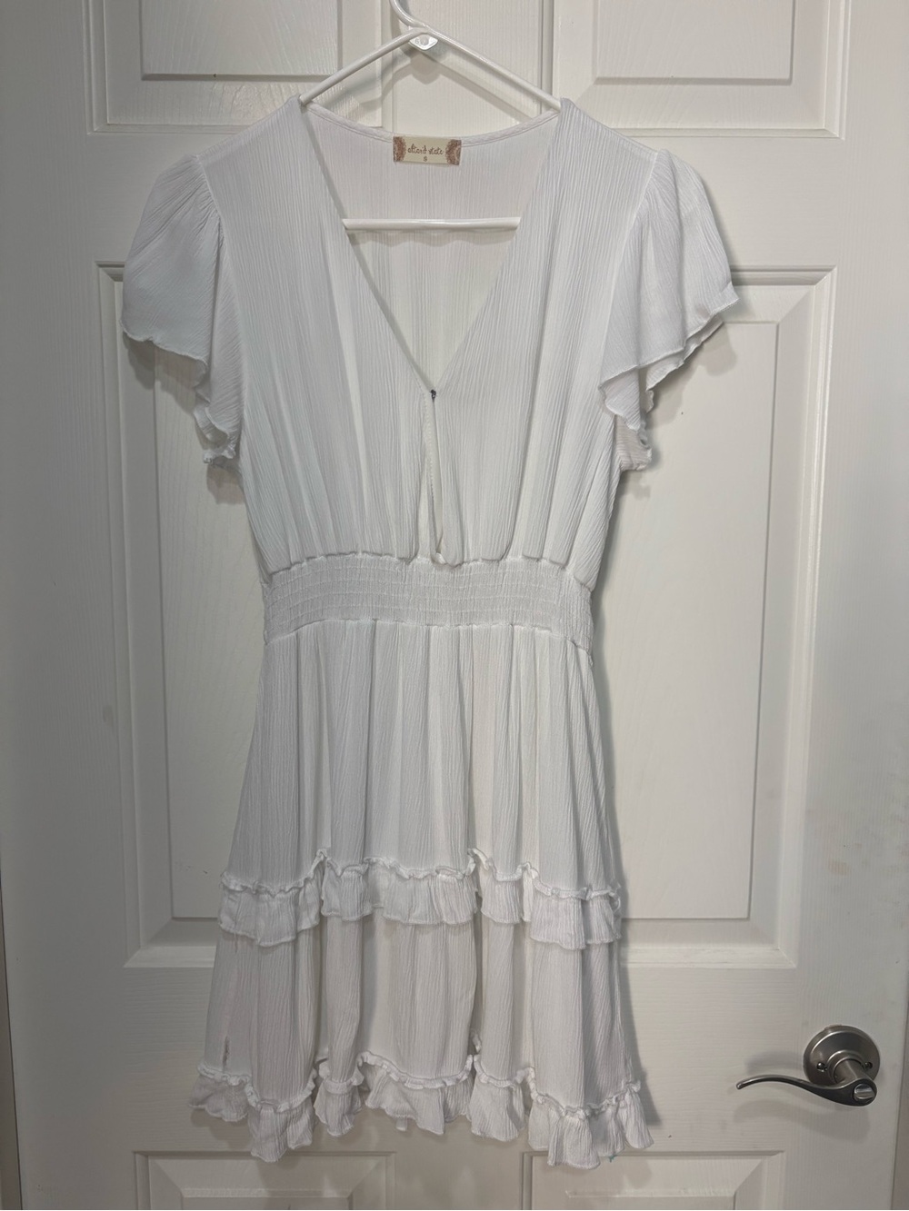 Altar'd State White V-Neck Flutter Sleeve Mini Dress